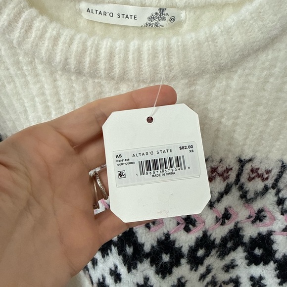 Altar'd State White Sweater with Black and Pink Pattern - Picture 6 of 8